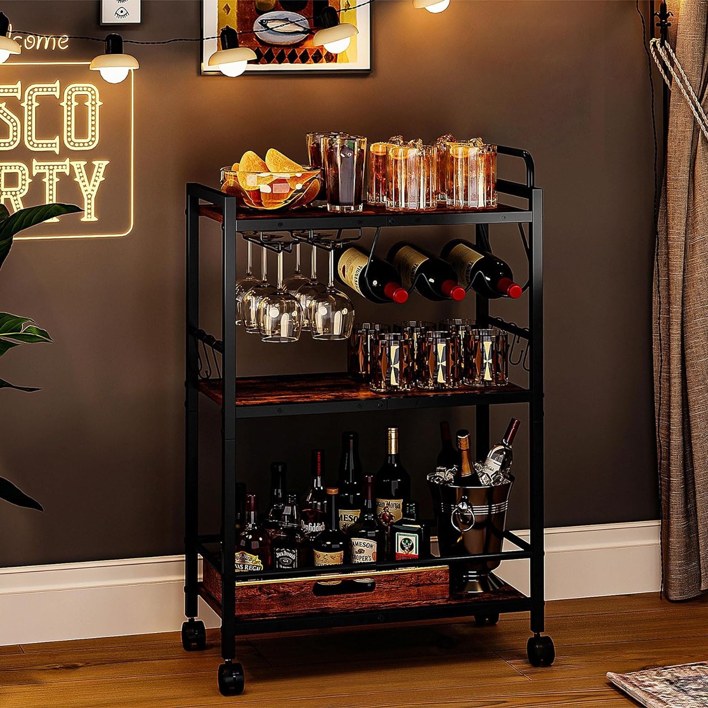 Home Bar Serving Cart, Serving Cart with Wheels and Handle, 3 Tier Rolling Kitchen Cart, Microwave Cart, Beverage Cart with Wine Holder and Glass Holders, for Dinning Room, Living Room, Kitchen