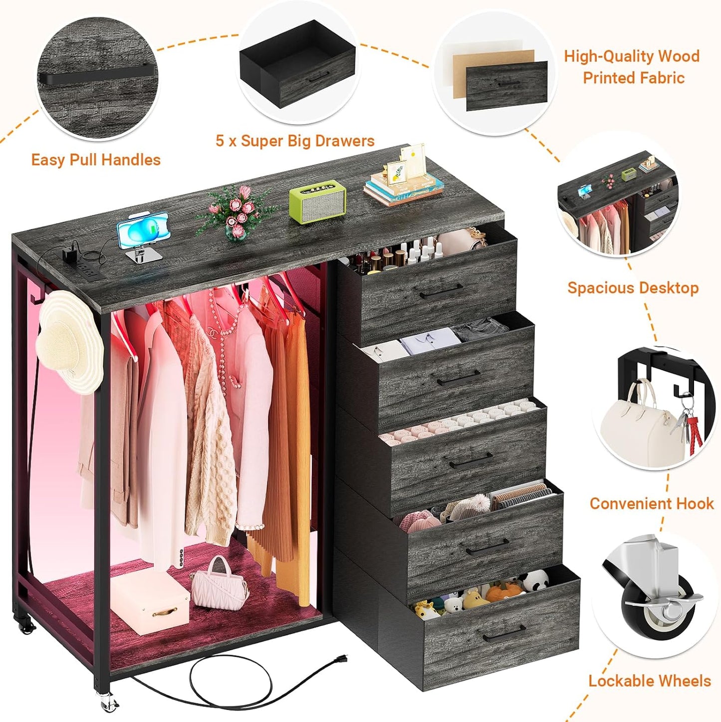 Cyclysio Dresser for Bedroom with Clothes Rack, 5 Fabric Drawers Dresser with Charging Station & LED Lights, Tall Storage Chest of Drawers with Wheels, Wooden Top, Lockable Wheels, Closet, Grey