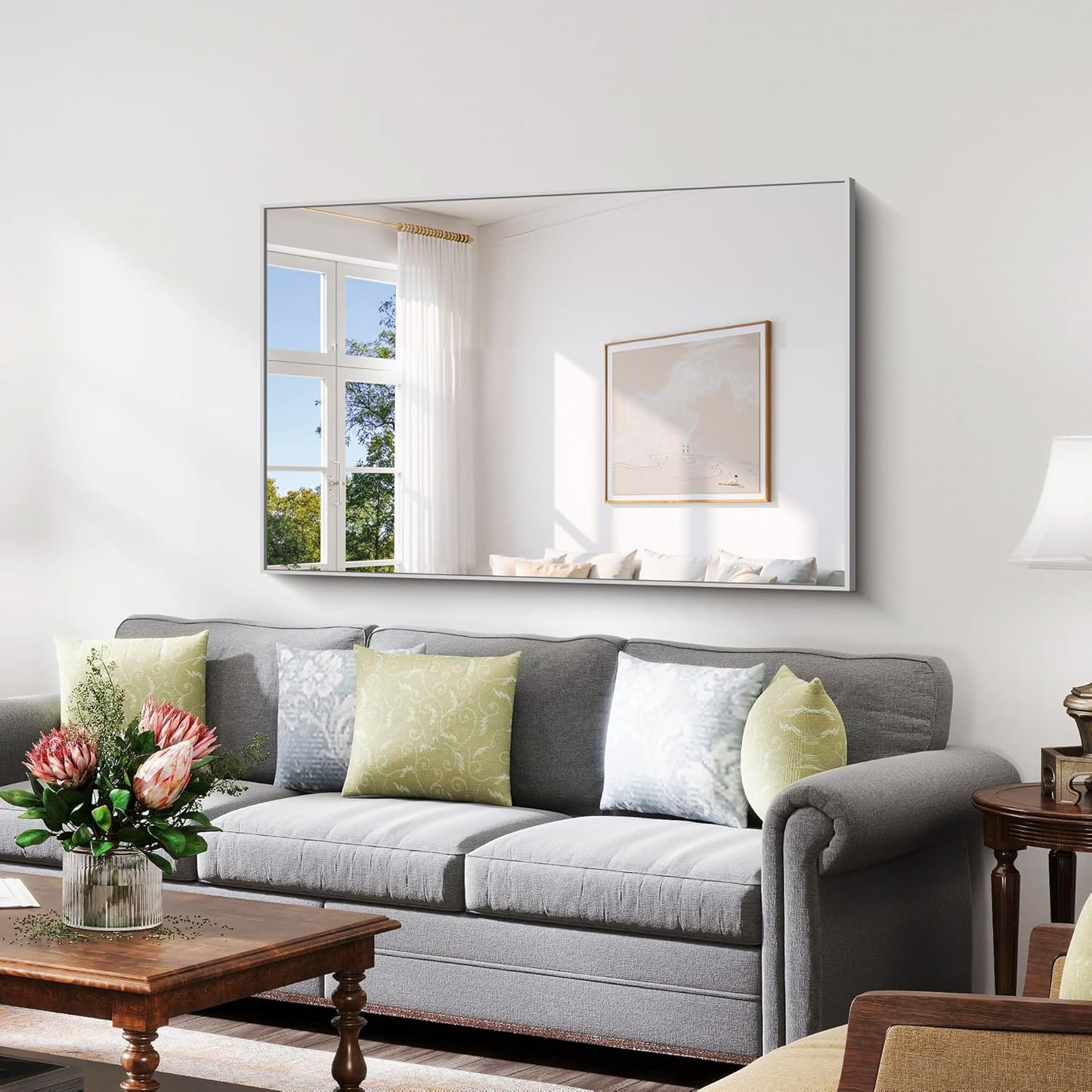 YIROMAN Bathroom Mirror 55"x36", Large Brushed Silver Bathroom Mirror for Over Sink with Aluminum Frame, Rectangular Vanity Mirror with Right Angle, Wall Mirror Hangs Horizontal or Vertical