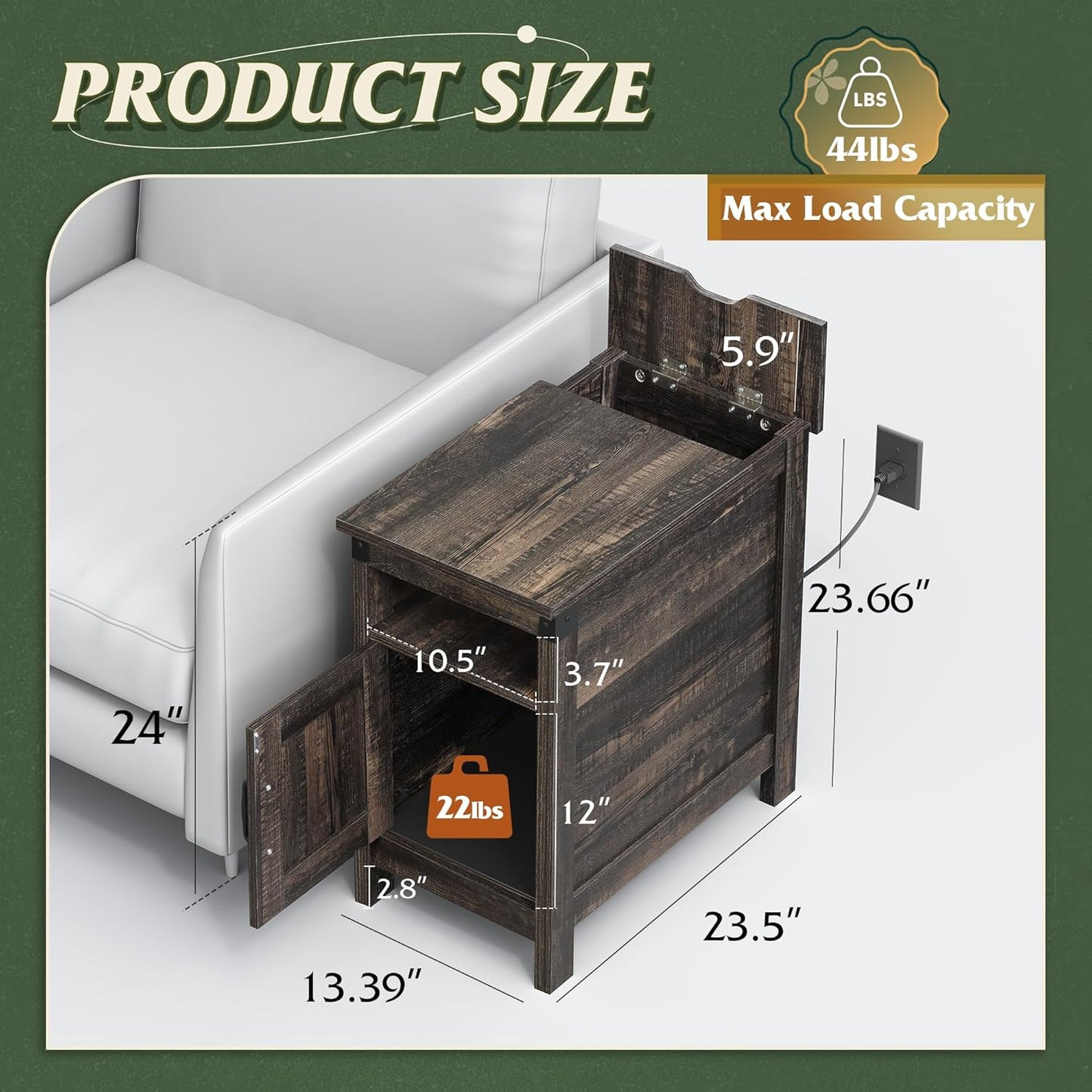 WLIVE End Table with Charging Station, Side Table with USB Ports and Outlets, Narrow Side Table for Small Spaces, Living Room, Couch, Nightstand with Storage, Brown