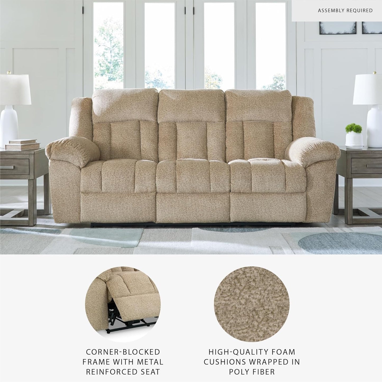 Signature Design by Ashley Tip-Off Classic Wall Hugger Power Reclining Sofa with Adjustable Headrest and USB Ports, Light Brown