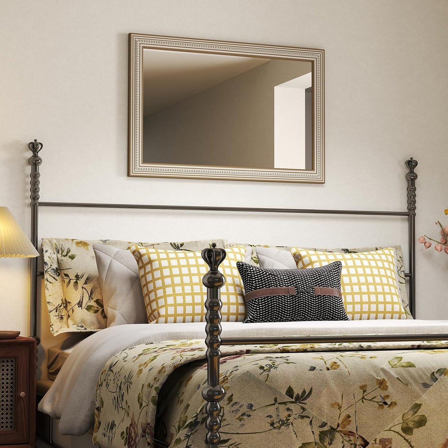 36x24 Inch Farmhouse Wooden Rectangle Mirrors for Wall with Beaded, Boho Decorative Rectangular Mirror for Bathroom, Living Room, Entryway, Foyer (Horizontal/Vertical Mount)