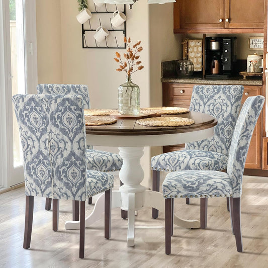 COLAMY Upholstered Parsons Dining Chairs Set of 4, Fabric Dining Room Kitchen Side Chair with Nailhead Trim and Wood Legs - Blue/White Flower