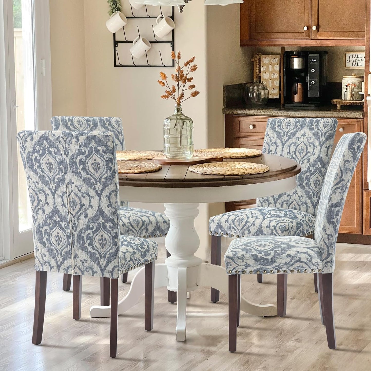COLAMY Upholstered Parsons Dining Chairs Set of 6, Fabric Dining Room Kitchen Side Chair with Nailhead Trim and Wood Legs - Blue/White Flower
