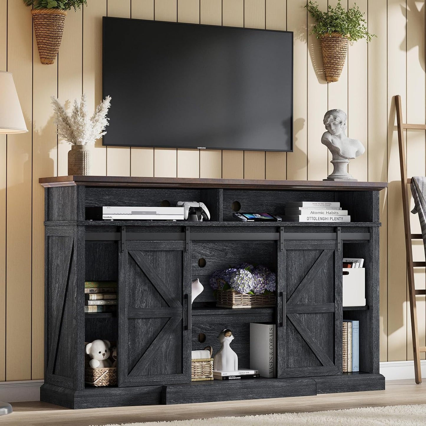 66" Farmhouse TV Stand with Sliding Barn Doors, 40" Tall Entertainment Center for 75 Inch TVs, Rustic Media Console Table Storage Cabinet w/Soundbar & Adjustable Shelves, Living Room, Dark Gray