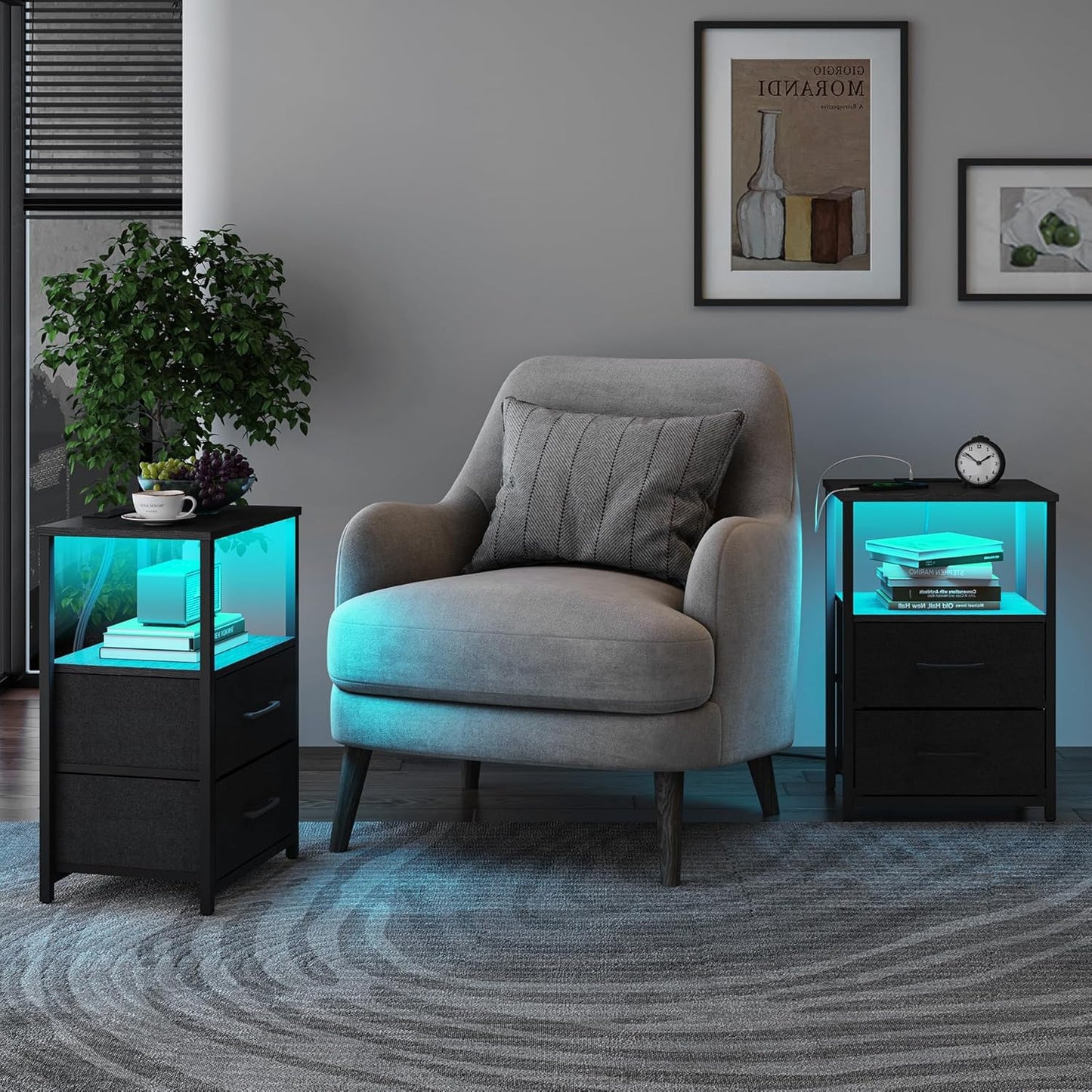 TUTOTAK LED End Table with Charging Station, Night Stand, Side Table with 2 USB Ports and Outlets, Nightstand with Cloth Drawer, Bedside Table for Livingroom, Bedroom Black TB01BK088L
