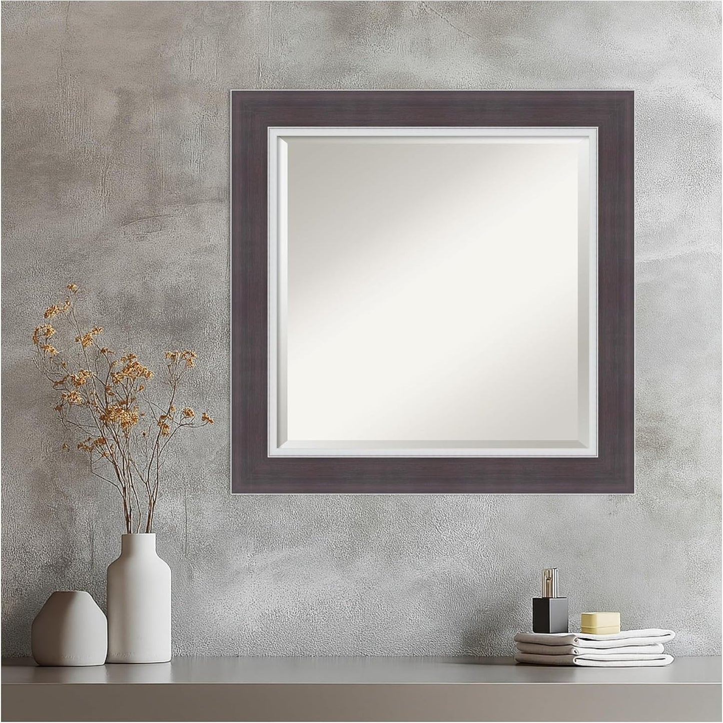 Amanti Art Brown Wall Mirror 26x26 Ellie Brown Silver Square Bathroom Mirror for Wall Decor Living Room, Medium Modern Frame, Hangs Horizonally and Vertically, Bathroom Decor, Beveled Edge