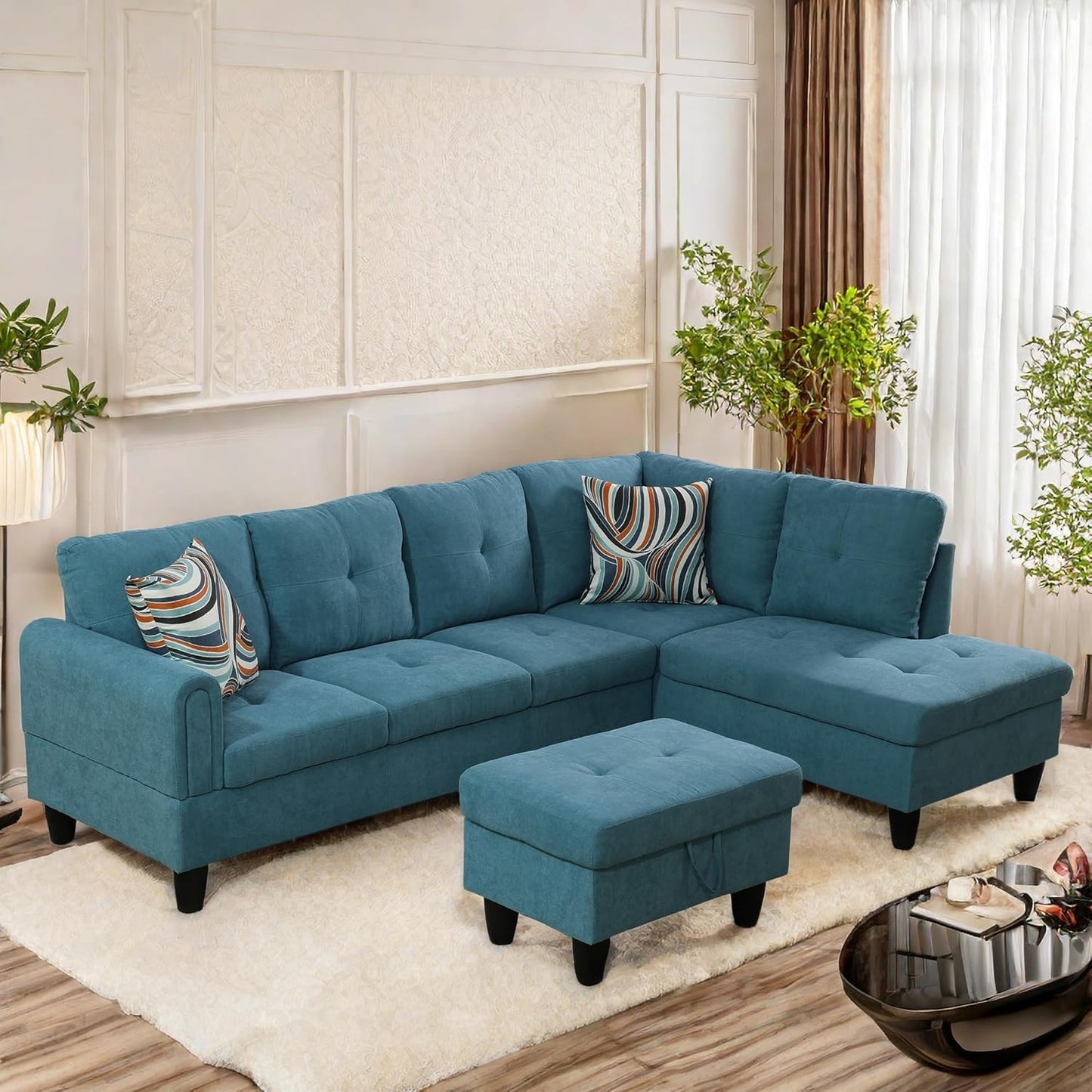 L Shaped Sectional Sofa with Ottoman, Modern Couches for Living Room, Microfiber Facing, Bedroom, Office
