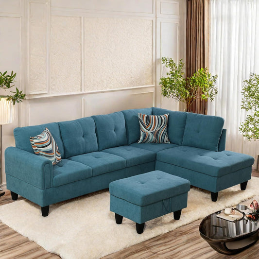 L Shaped Sectional Sofa with Ottoman, Modern Couches for Living Room, Microfiber Facing, Bedroom, Office