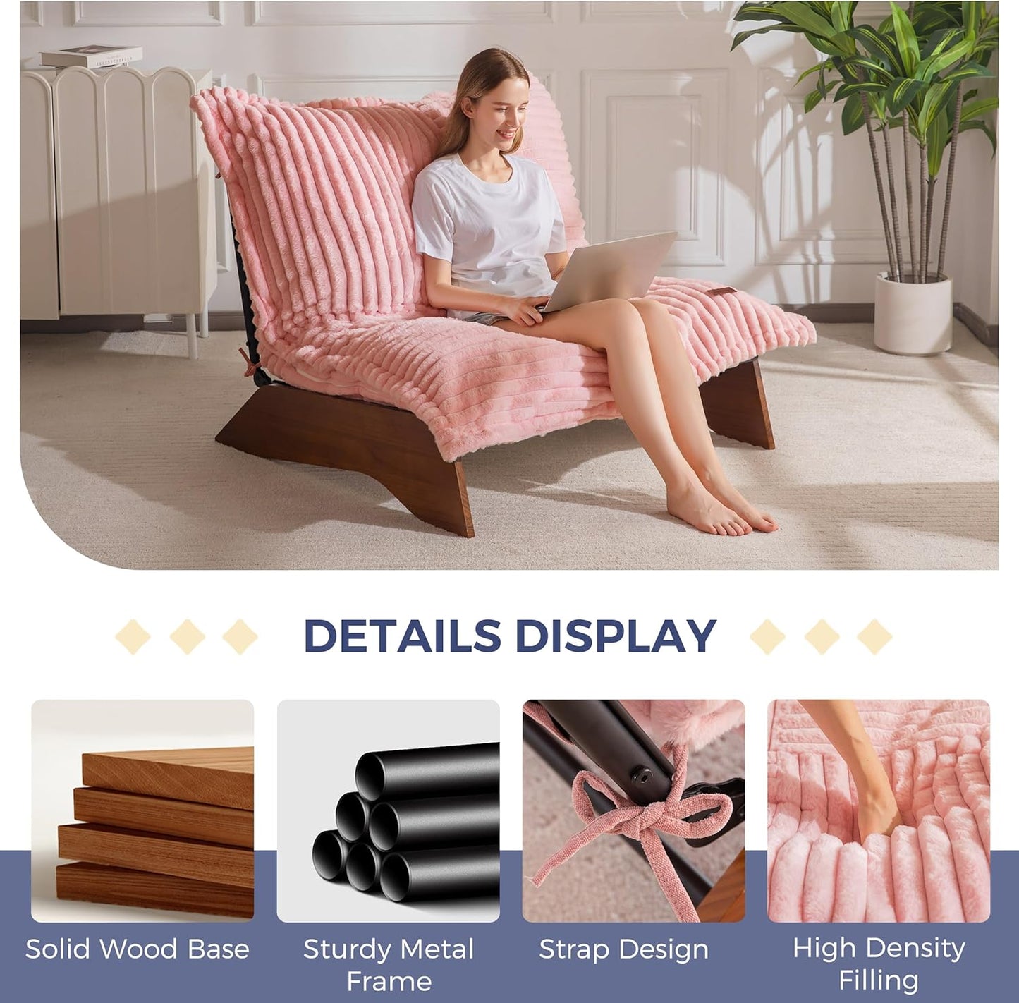 MAXYOYO Adjustable Living Room Chair, 3-Position Bean Bag Chair with Removable Cover, Upholstered Accent Chair with Frame, Soft Reclining Lounge for Bedroom, Apartment, Office, Pink