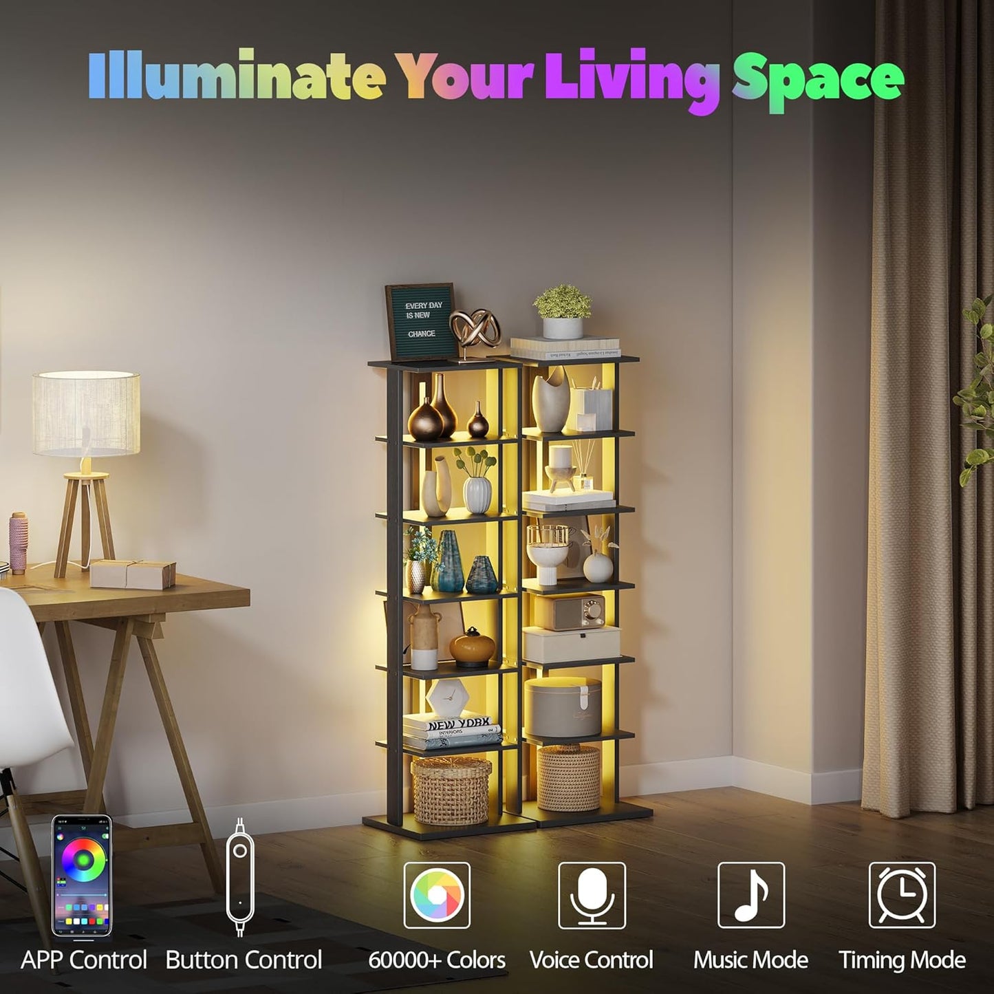 7-Tier Bookshelf, Narrow Bookcase with LED Lights, 47.2 Inch Book Shelf for Small Space, Display Storage Shelf for Living Room, Bedroom, Home Office, Study, Black