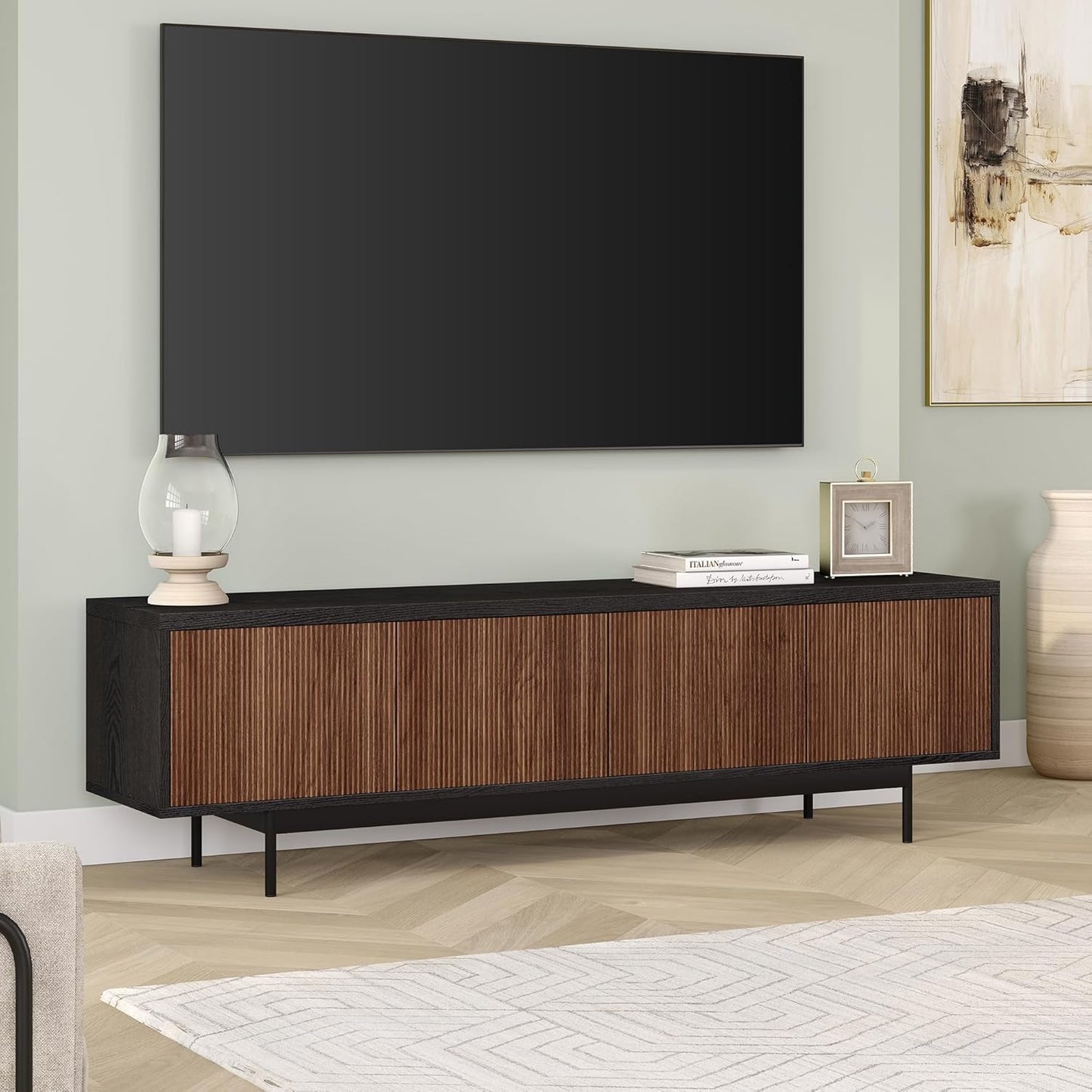 Henn&Hart Rectangular TV Stand for TV's up to 75" in Natural Black/Medium Walnut, for Home, Living Room, Bedroom, Entertainment Room, Office