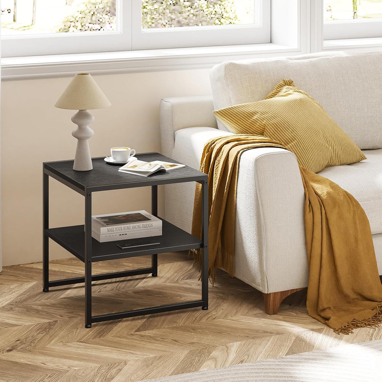 Tatub 20" End Table with Charging Station, Industrial Square Side Table with USB Ports & Outlets, Versatile 2-Tier Small Nightstand for Bedroom Living Room, Black