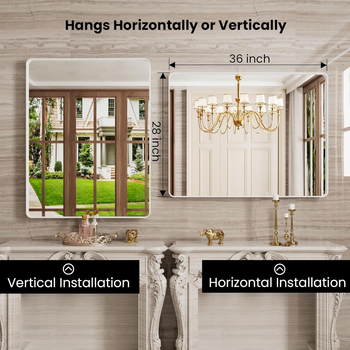 White Bathroom Mirror 28x36 Inch, White Metal Framed Bathroom Mirror for Wall, Rounded Rectangle Matte Bathroom Vanity Mirror, Tempered Glass, Anti-Rust, Horizontal/Vertical