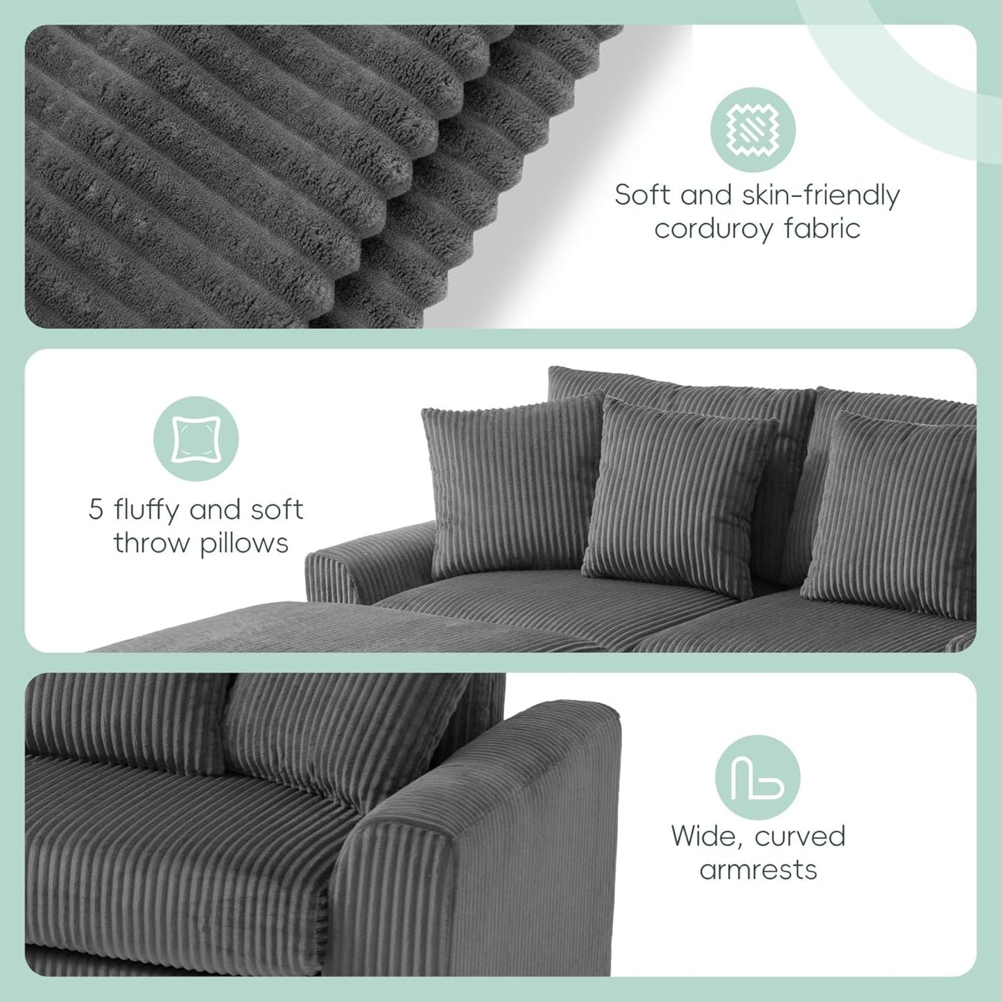 Merax 114 * 64" Corduroy Sectional Couches with Bluetooth Speakers, Storage, Ottoman & Pillows, Upholstered Modular Sofa Chaise with Console, USB Charger, Cup Holders for Living Room Apartment, Grey