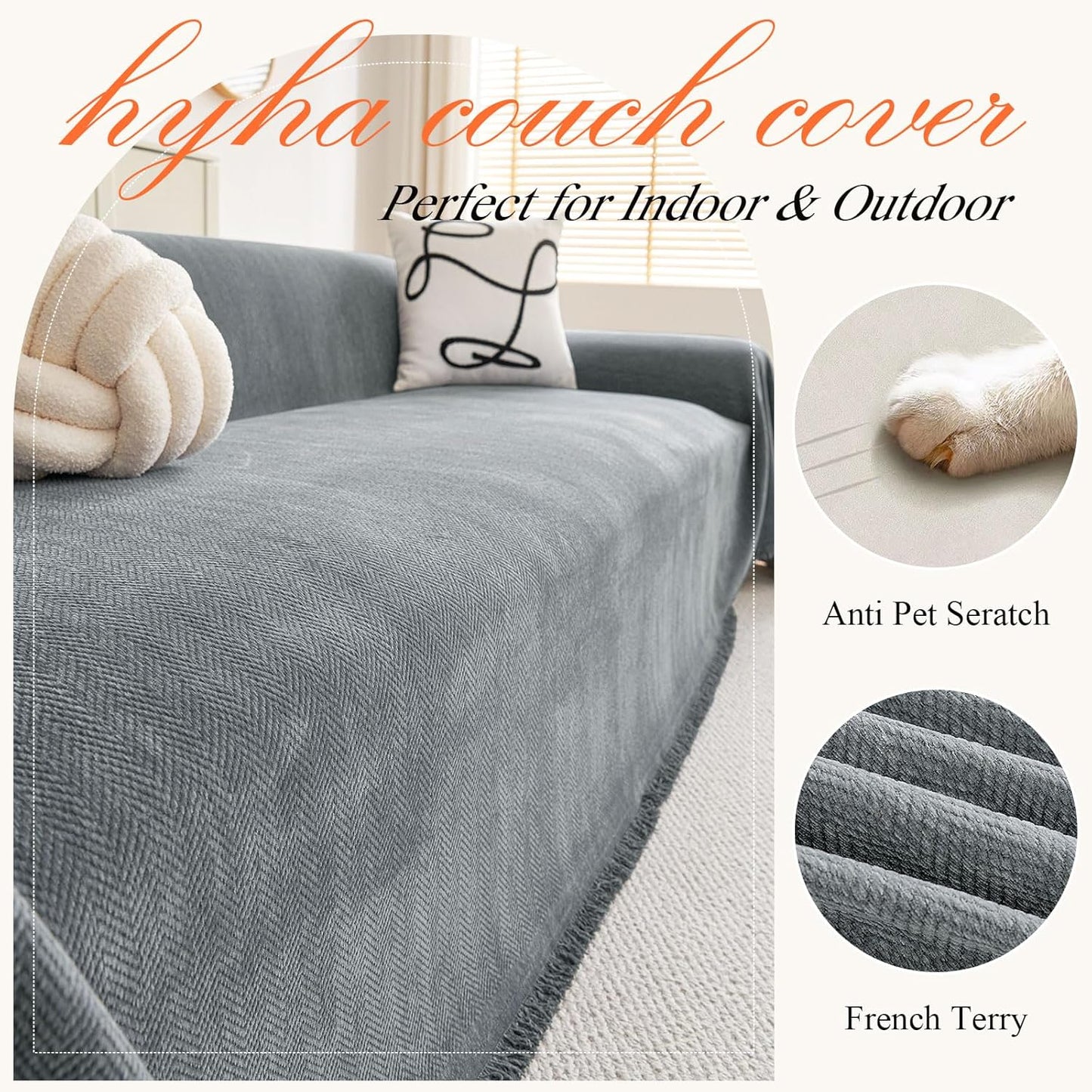 hyha Couch Cover for Dogs, Boho Sofa Covers for 3 Cushion Couch Washable, Chenille Sofa Slipcover for Pets, Soft Loveseat Sectional Couch Throw Blankets with Tassels (Grey, 88.5x150 Inch)