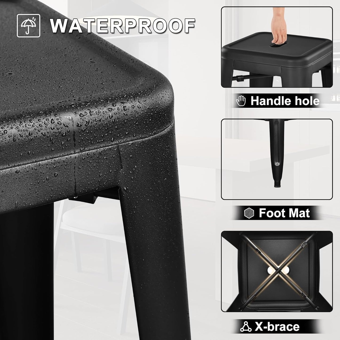 30 Inches Metal Bar Stools, High Backless Stools, Indoor Outdoor Stackable Kitchen Stools, Set of 4, Black