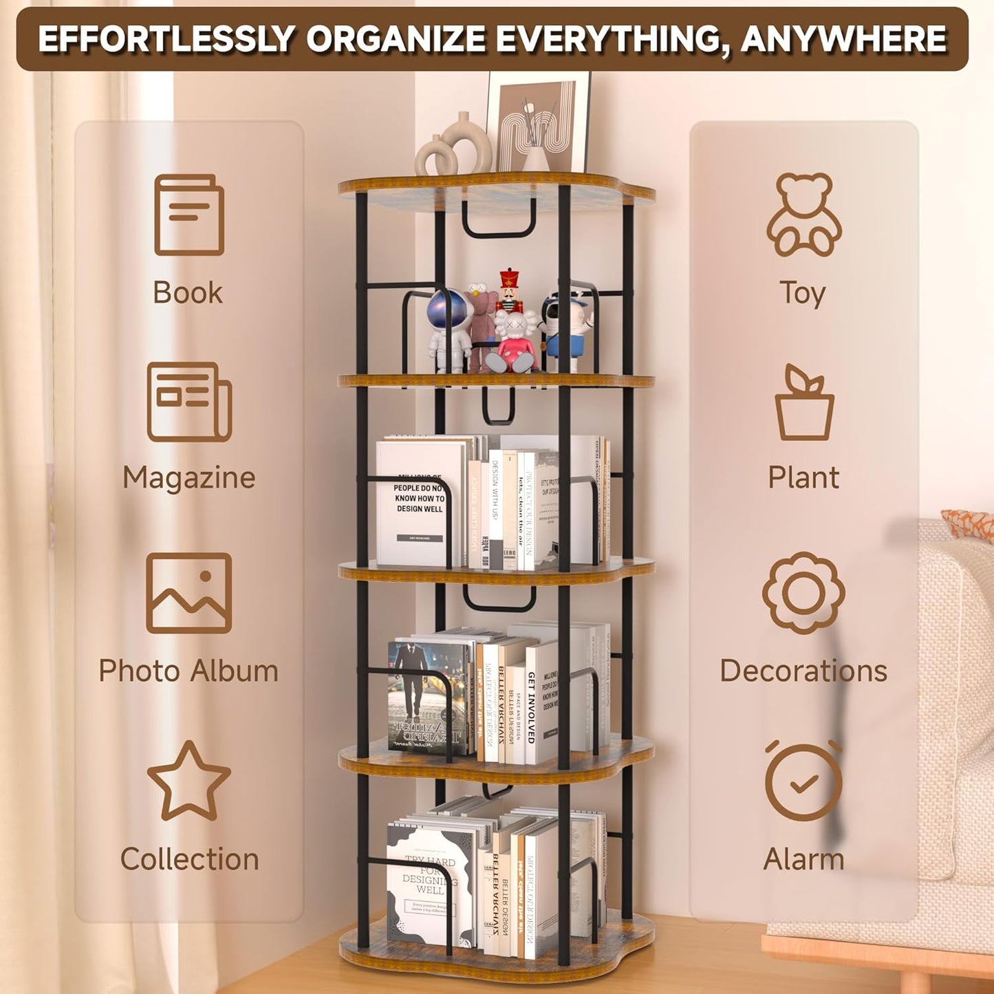 4-Tier Rotating Book Shelf, 360° Display Spinning Bookshelf Tower, Book Organizer, Floor Standing Bookcases for Small Space, Corner Book Shelf for Bedroom, Living Room, Study Room (RUSTIC BROWN)