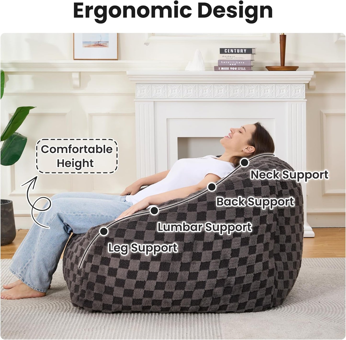 Bean Bag Chairs for Adults, Giant Beanbag Sofa Comfy Reading Chair, Oversized Bean Bag Chairs for Living Room Bedroom, Soft Faux Fur Fabric, 3.2FT, Dark Grey, Checkered