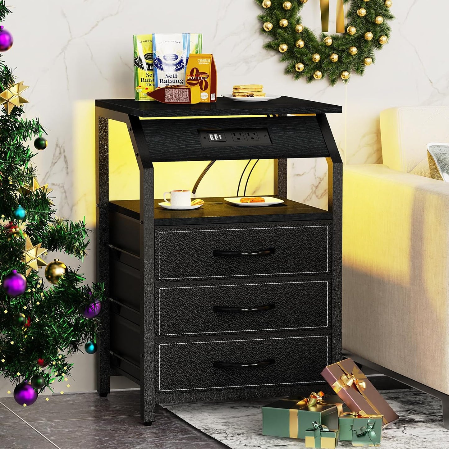 End Tables Set of 2, Nightstands with Charging Station and LED Lights, 3 Drawers Fabric Dressers, Storage Side Tables for Bedside, Living Room, Modern Black