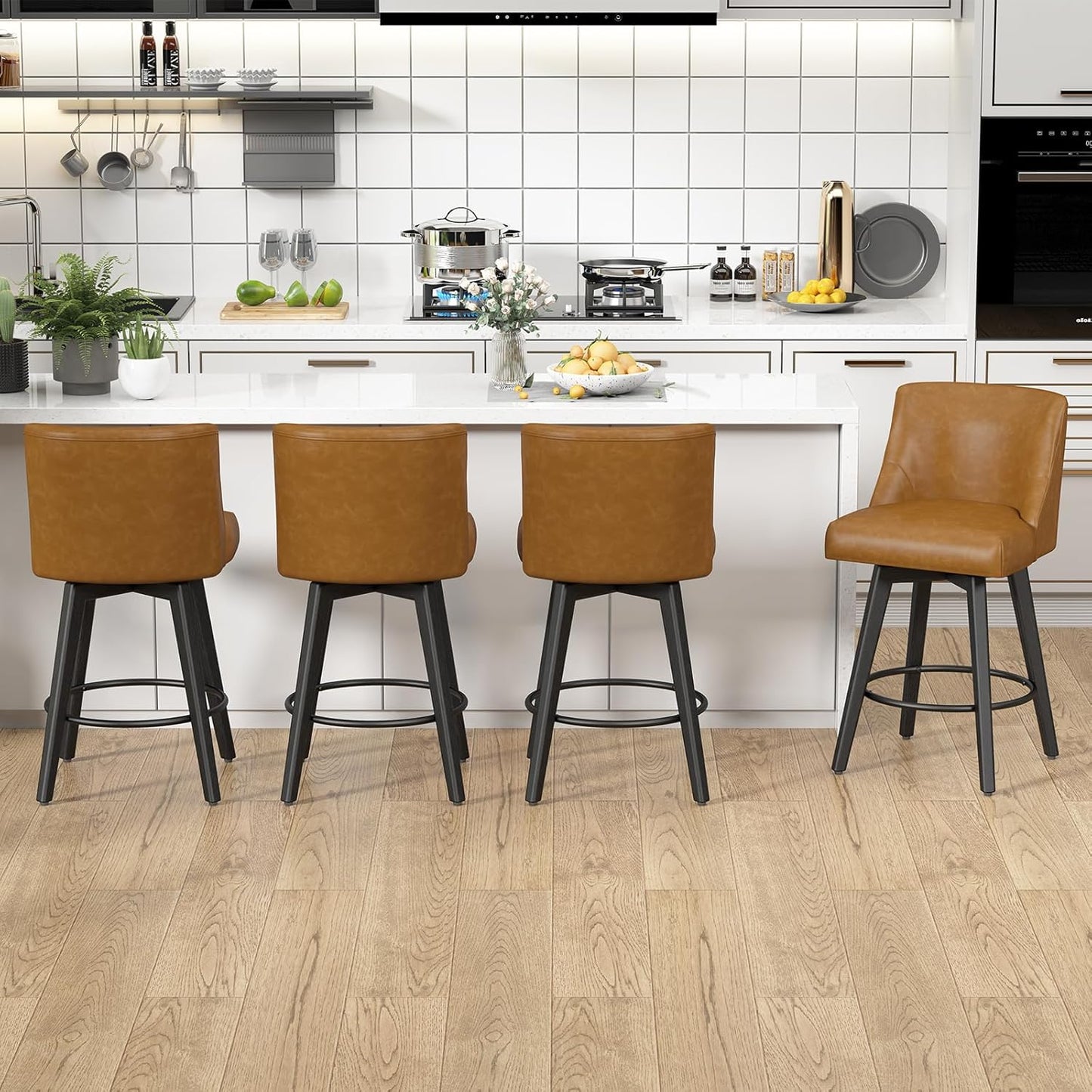 Counter Height Swivel Bar Stools Set of 2, 26 Inch Bar Stools with Footrest, Faux Leather Upholstered Barstools with Back and Solid Wood Legs for Kitchen Island, Dining Room,Pub,Brown