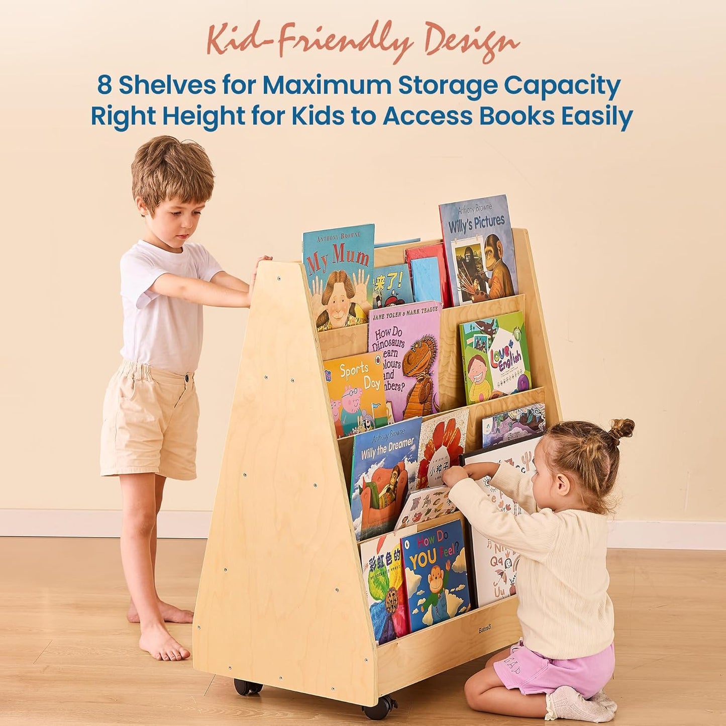 Kids Bookshelf for Toddlers and Babies, Double-Sided Wooden Montessori Bookshelf for Kids Room, Baby Book Shelf with Storage for Nursery, Classroom, Playroom