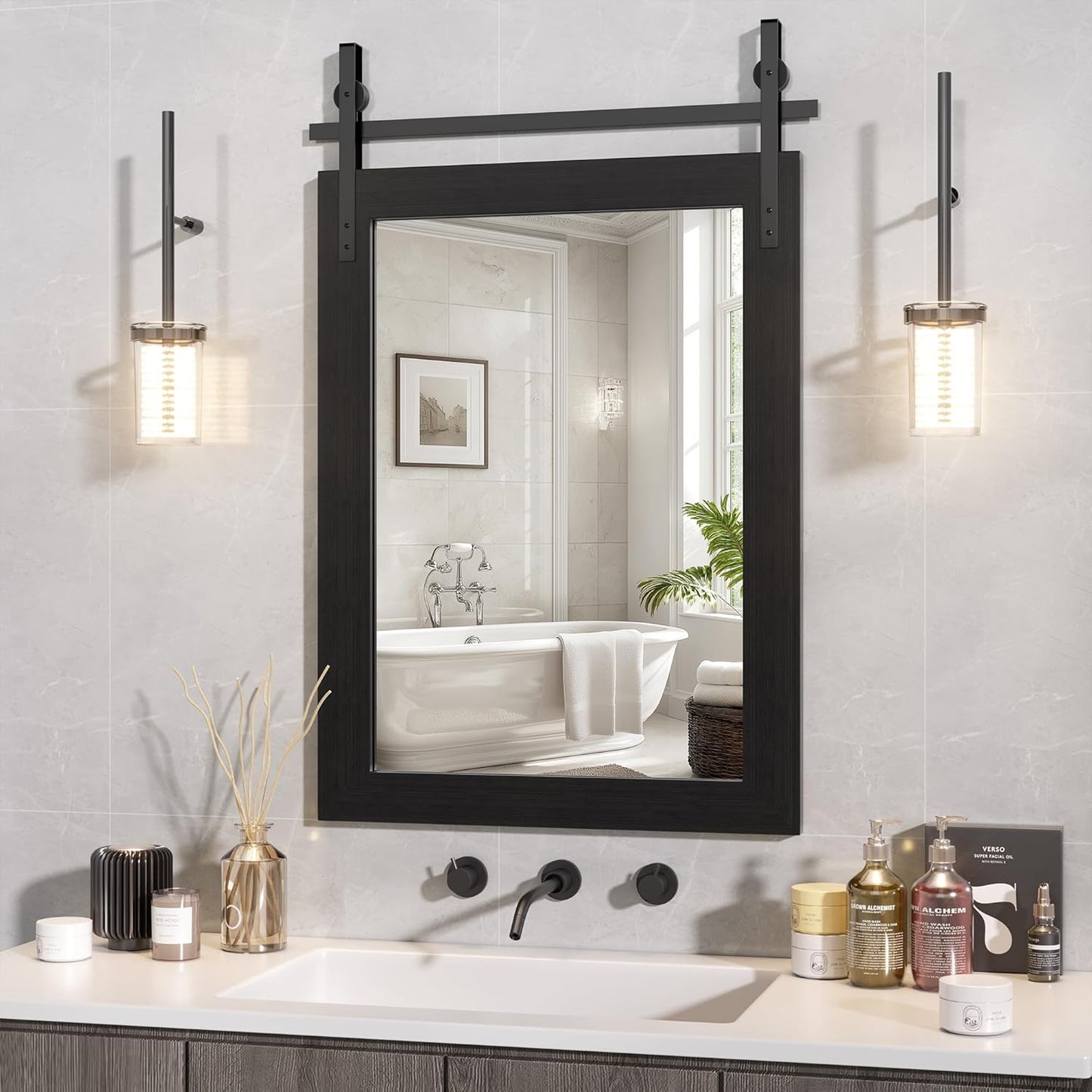 Hasipu Farmhouse Bathroom Mirror, 22"x30" Rustic Wood Framed Wall Mounted Mirror, Black Vintage Vanity Mirror Barn Door Style Decrative Mirrors