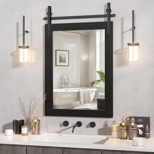 Hasipu Farmhouse Bathroom Mirror, 22"x30" Rustic Wood Framed Wall Mounted Mirror, Black Vintage Vanity Mirror Barn Door Style Decrative Mirrors