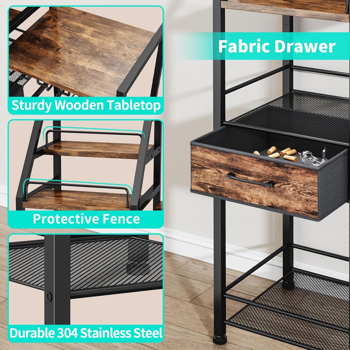 HapiRm Wine Rack Freestanding Floor - Multi-Tier Liquor Cabinet with Fabric Drawer, Liquor Bottle Display Shelf with Glass Holder, Vintage Whiskey Cabinet for Home