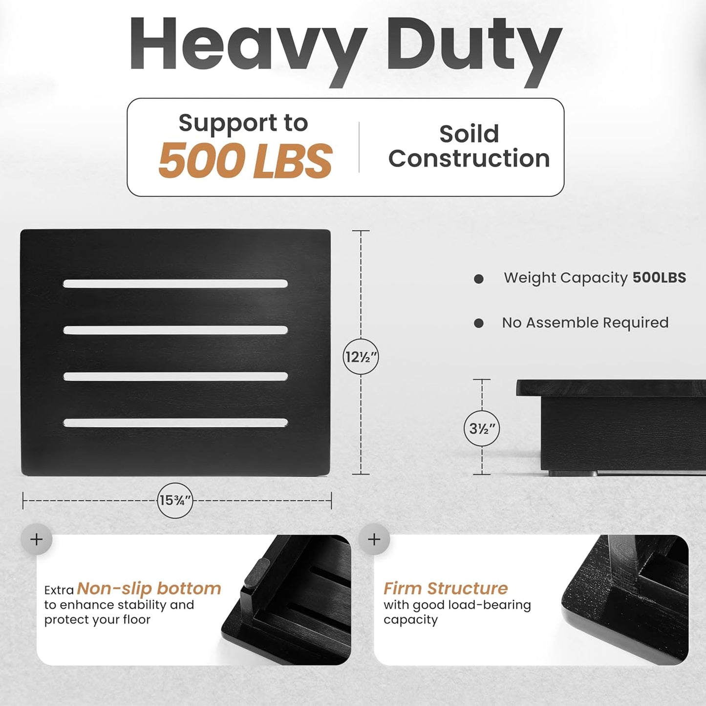 Holana 3.5" Wooden Step Stool for Adults (No Assemble Required)- 200 Lbs One Step Stools for High Bed Riser - Small Stepping Stool for Elderly, Seniors, Kid/Bathroom, Bed, Kitchen (Black)