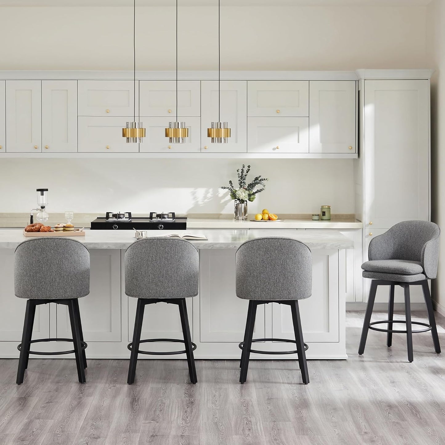 Counter Height Barstools 26 inch Upholstered Swivel Bar Stools with Back and Wood Legs for Kitchen Island,Set of 4,Dark Grey Fabric