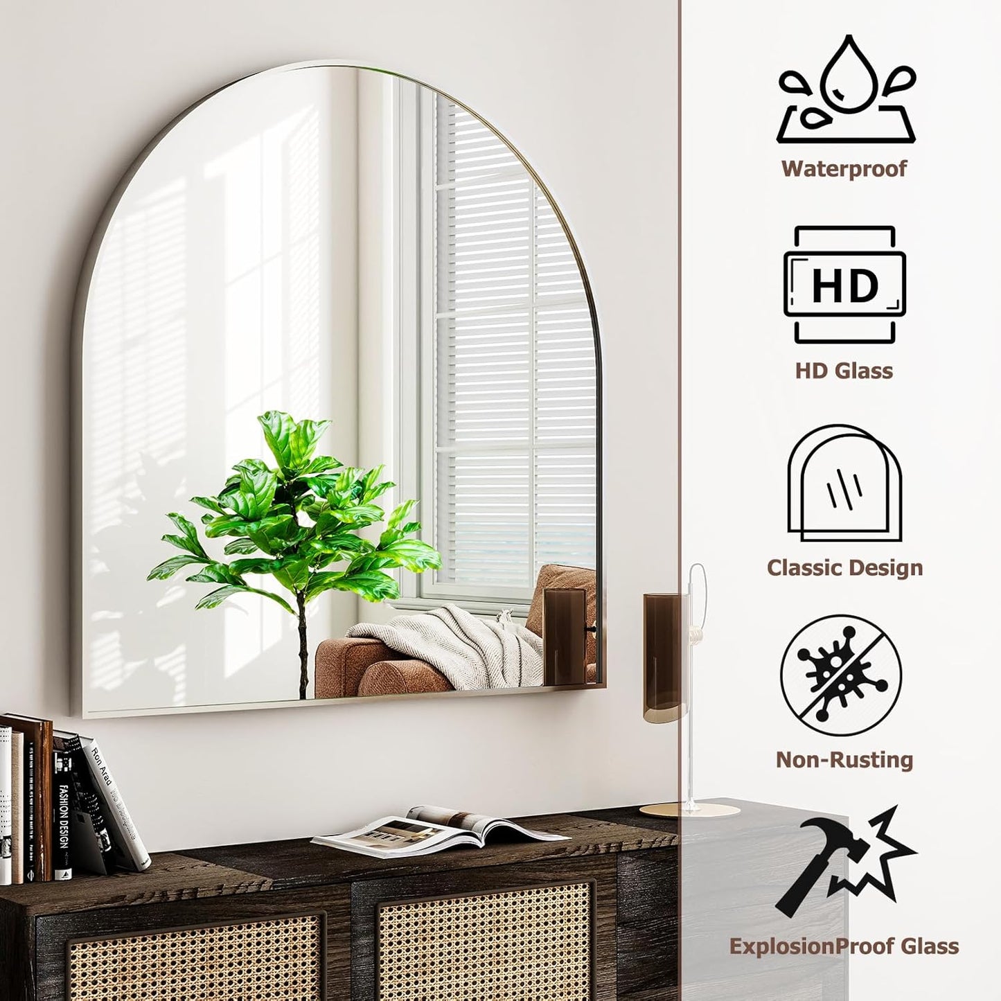 Arched Bathroom Mirror, 32x34 Inch - Wall Mounted Vanity Mirror with Aluminum Alloy Frame - Ideal for Living Room, Bedroom, Bathroom, and Entryway, Hanging or Leaning,Sliver