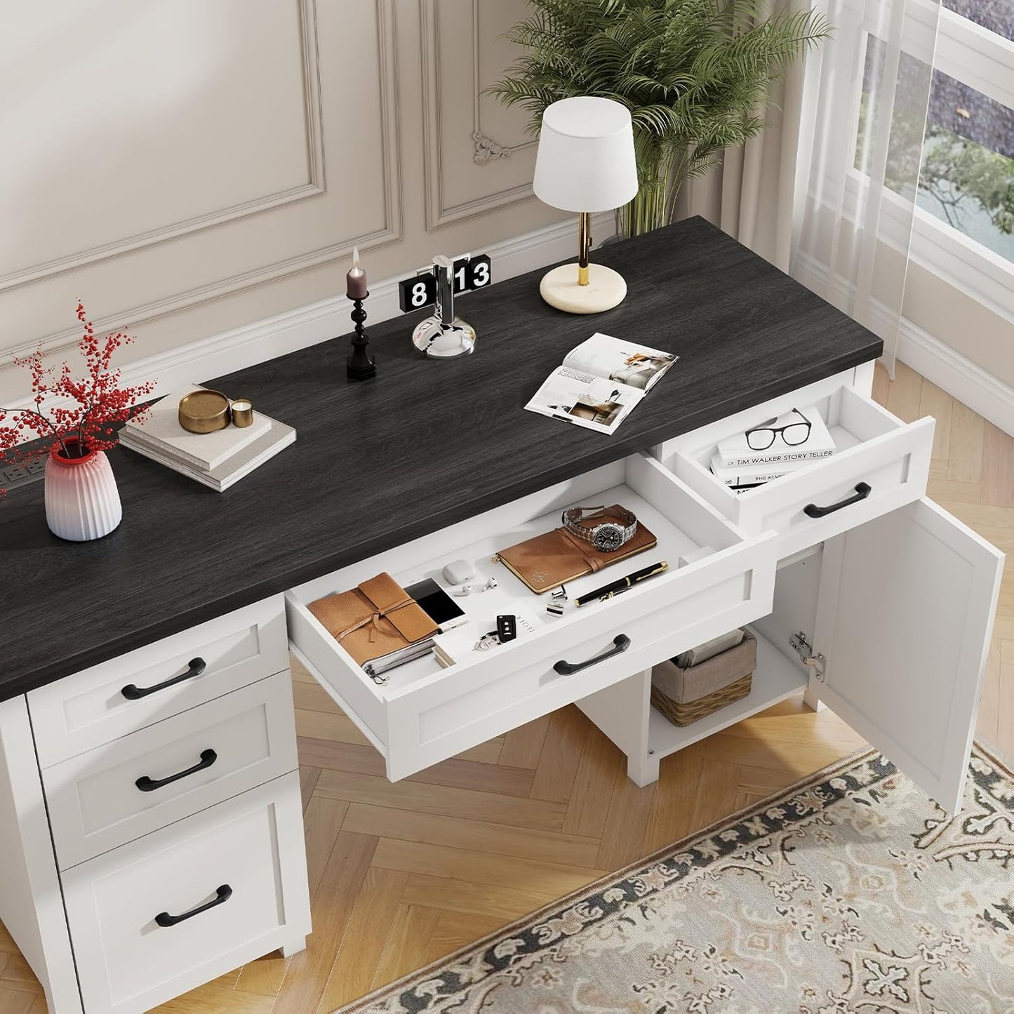 Farmhouse 61'' Executive Desk with 5 Drawers, Rustic Office Desk Computer Desk with Charging Station, File Drawers and Storage Cabinet, Wood Workstation for Home Office and Study.(Black Top)