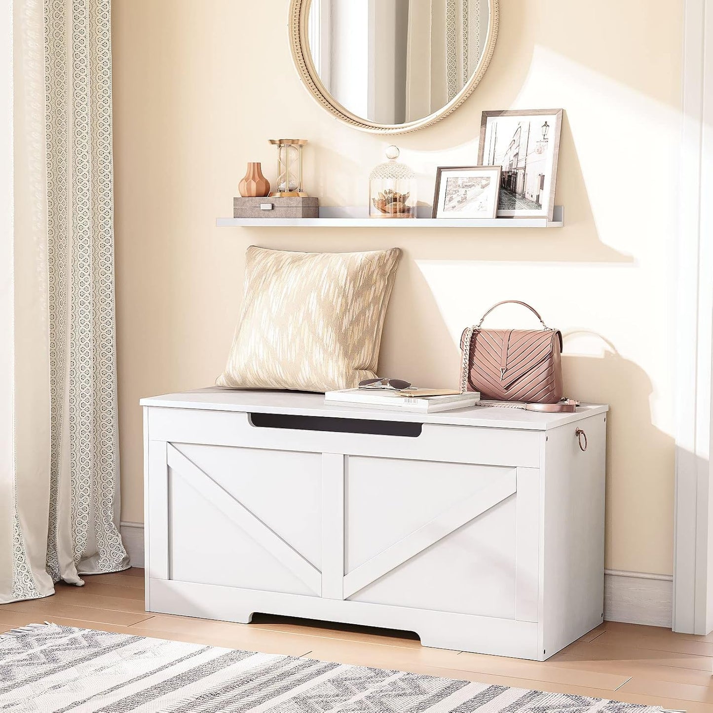 HOOBRO Storage Bench, 39.4” Retro Wooden Storage Chest with U-Shaped Cut-Out Pull, Safety Hinge, Supports 220 lb and Easy Assembly for Toy Box Organizer (White) WT771CW01