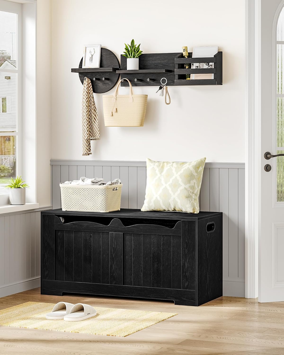 39.4" Storage Chest, Storage Bench Trunk with 2 Safety Hinges,Wooden Box, Lift-Top Chest Organizer, Shoe Bench for Entryway, Bedroom, Living Room, Black SB01004X