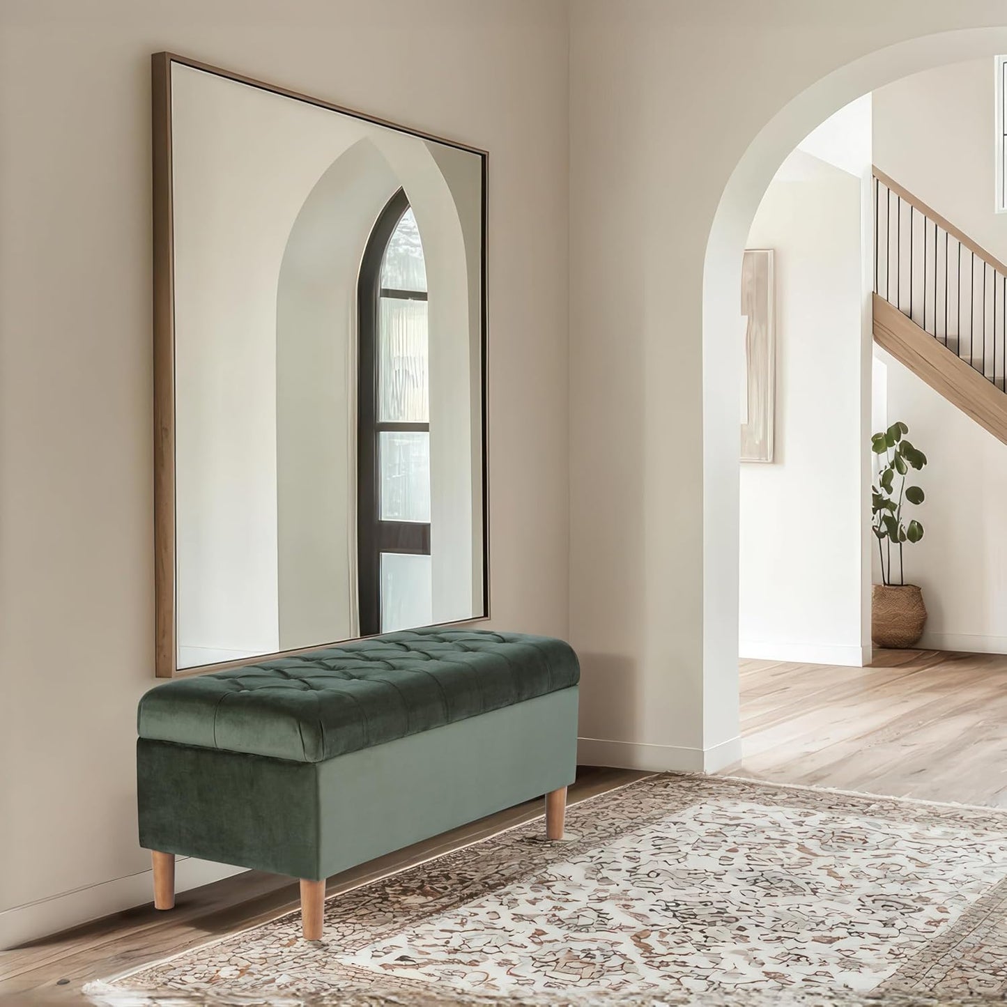 HomePop Home Decor | Tufted Ainsley Button Storage Ottoman Bench with Hinged Lid | Ottoman Bench with Storage for Living Room & Bedroom,Loden Green Velvet