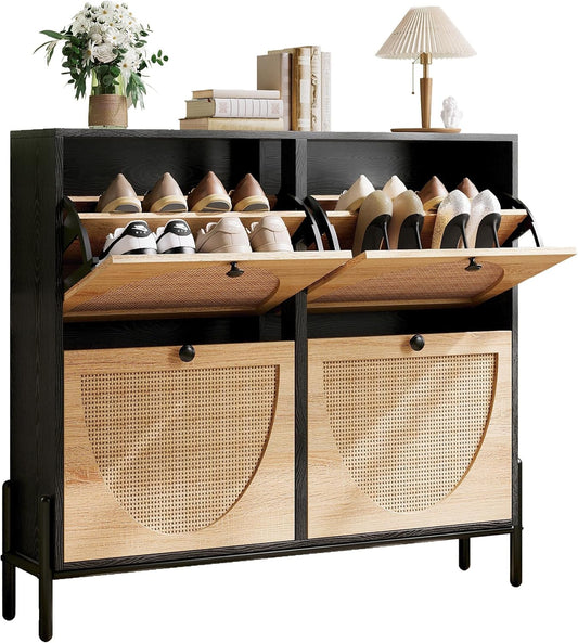 IRONCK Rattan Shoe Cabinet Storage with 4 Flip Drawers, Freestanding Shoe Storage Organizer Cabinet for Entryway, Narrow Shoe Rack Cabinet, Black