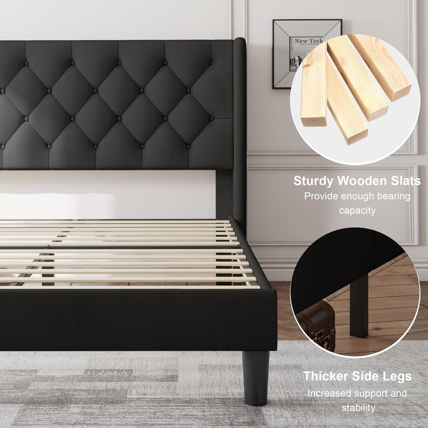 Feonase King Size Bed Frame with Wingback Tufted Headboard, Upholstered Platform Bed Frame with Heavy Duty Wooden Slats Support, Noise-Free, No Box Spring Needed, Easy Assembly, Black