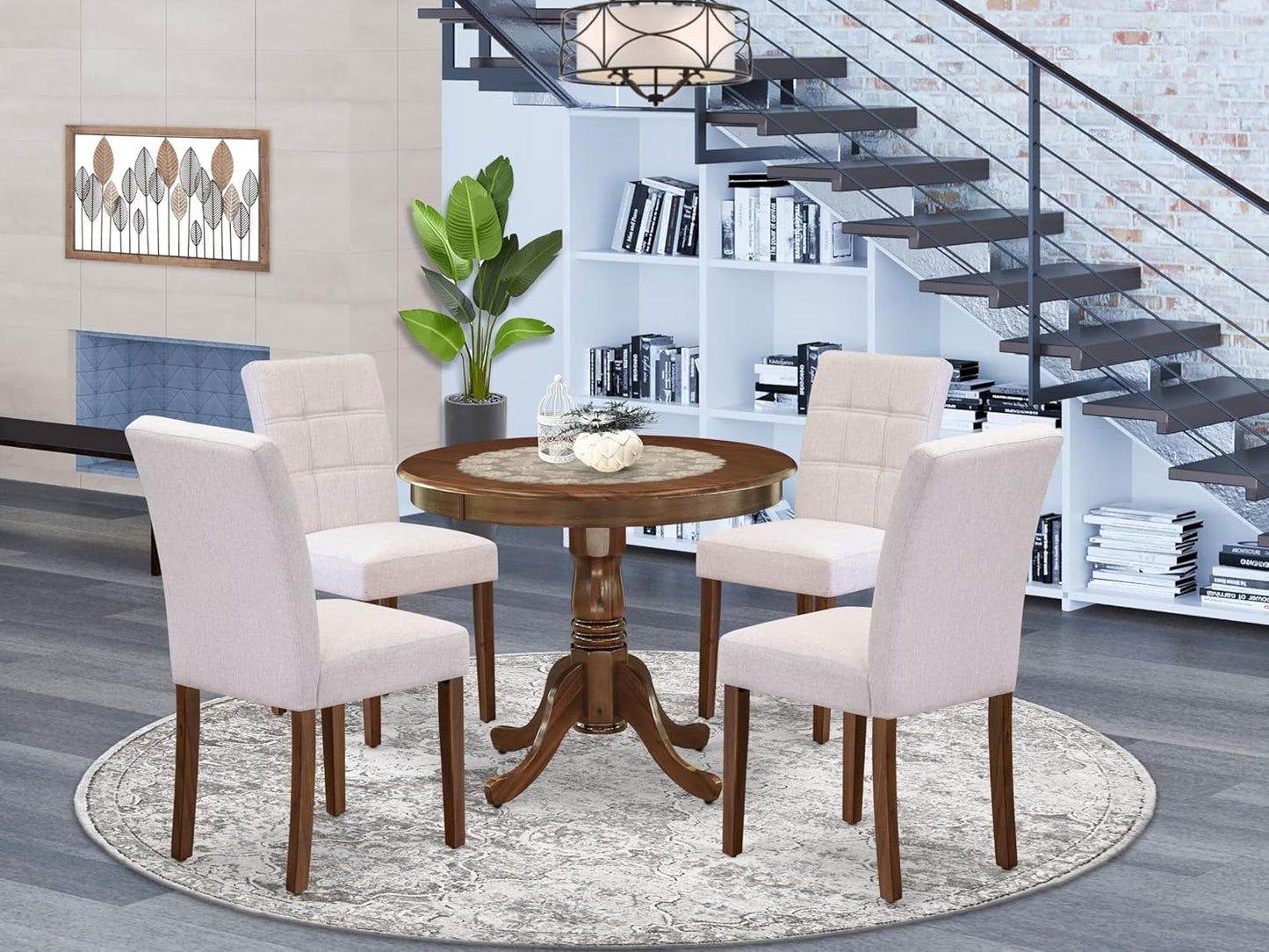 East West Furniture ANAS5-AWA-08 5 Piece Mid Century Dining Table Set Consists A Kitchen Table and 4 Mist Beige Polyester Fabric Dining Chairs, Antique Walnut