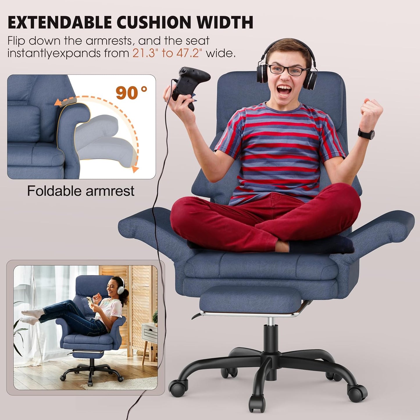 ELABEST C39 Cross Legged Office Chair with Footrest & Convertible Armrests - Pet-Friendly XL Home Desk Chair, Ergonomic Recliner with Lumbar Pillow, Criss Cross Design, Big and Tall Executive Chair