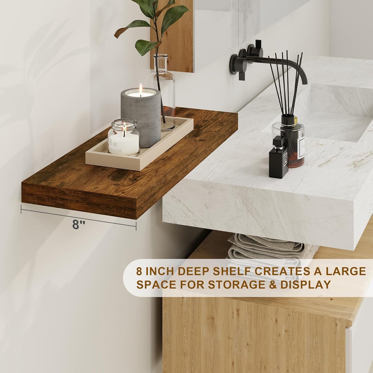 Floating Shelves 36 Inch Long, Deep Floating Shelf for Wall, 36 x 8 Floating Shelves Set of 2, 8 Inch Deep Wall Shelves for Living Room, Kitchen, Bedroom, Large Storage Shelves, Rustic Brown