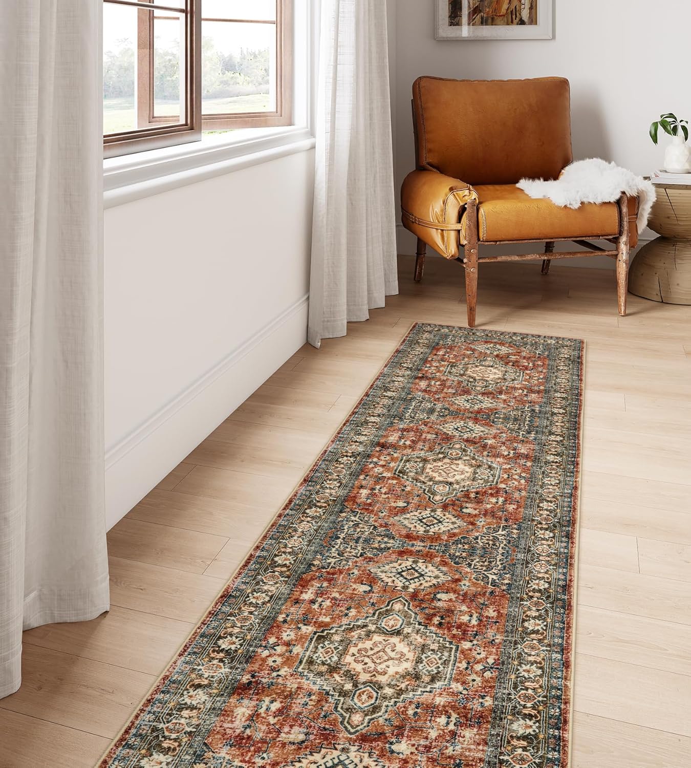 Lahome Oriental Washable Runner Rug Non Slip, 2x7 Rug Runners for Hallways Kitchen, Ultra-Thin Hallway Rugs for Laundry Room Bathroom Bedroom, Brick Red