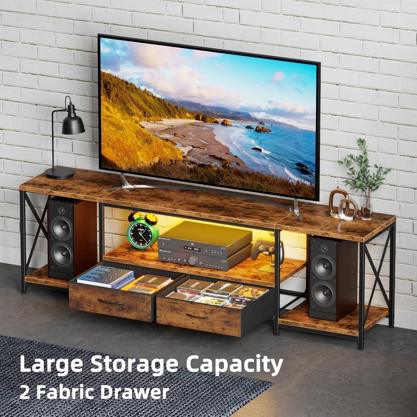 LED TV Stand for 75 70 Inch TV with Fabric Drawers LED Entertainment Center Television Stands with Storage Shelves for Living Room, Bedroom, TV Console Table 63" Rustic Brown