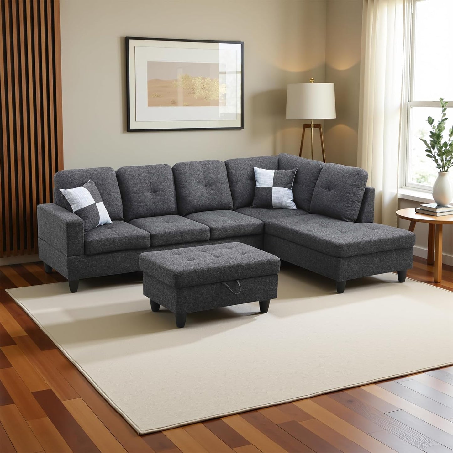 Couches for Living Room Modern L Shaped Couch Comfy Linen Fabric 3 Pieces Sectional Sofa with Chaise, Ottoman with Storage for Office and Small Apartment, Black Grey