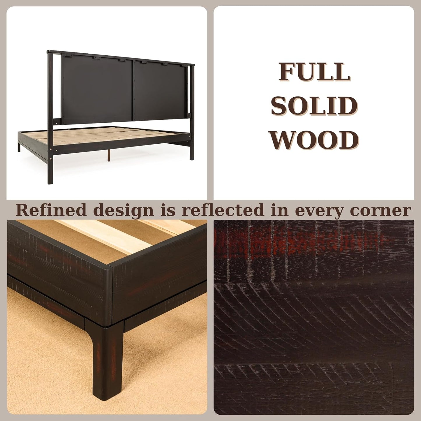 Bme Vivian 14 Inch Deluxe Bed Frame with Headboard, Rustic & Scandinavian Style with Solid Acacia Wood, No Box Spring Needed, 12 Strong Wood Slat Support, Easy Assembly, King, Rustic Black