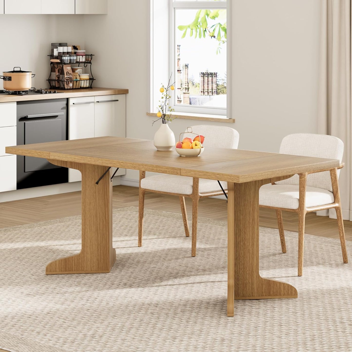 71" Dining Table for 6 to 8 People, Modern Dinner Table with Unique Wooden Legs, Rectangle Dining Table for Kitchen, Dining Room & Living Room, Oak