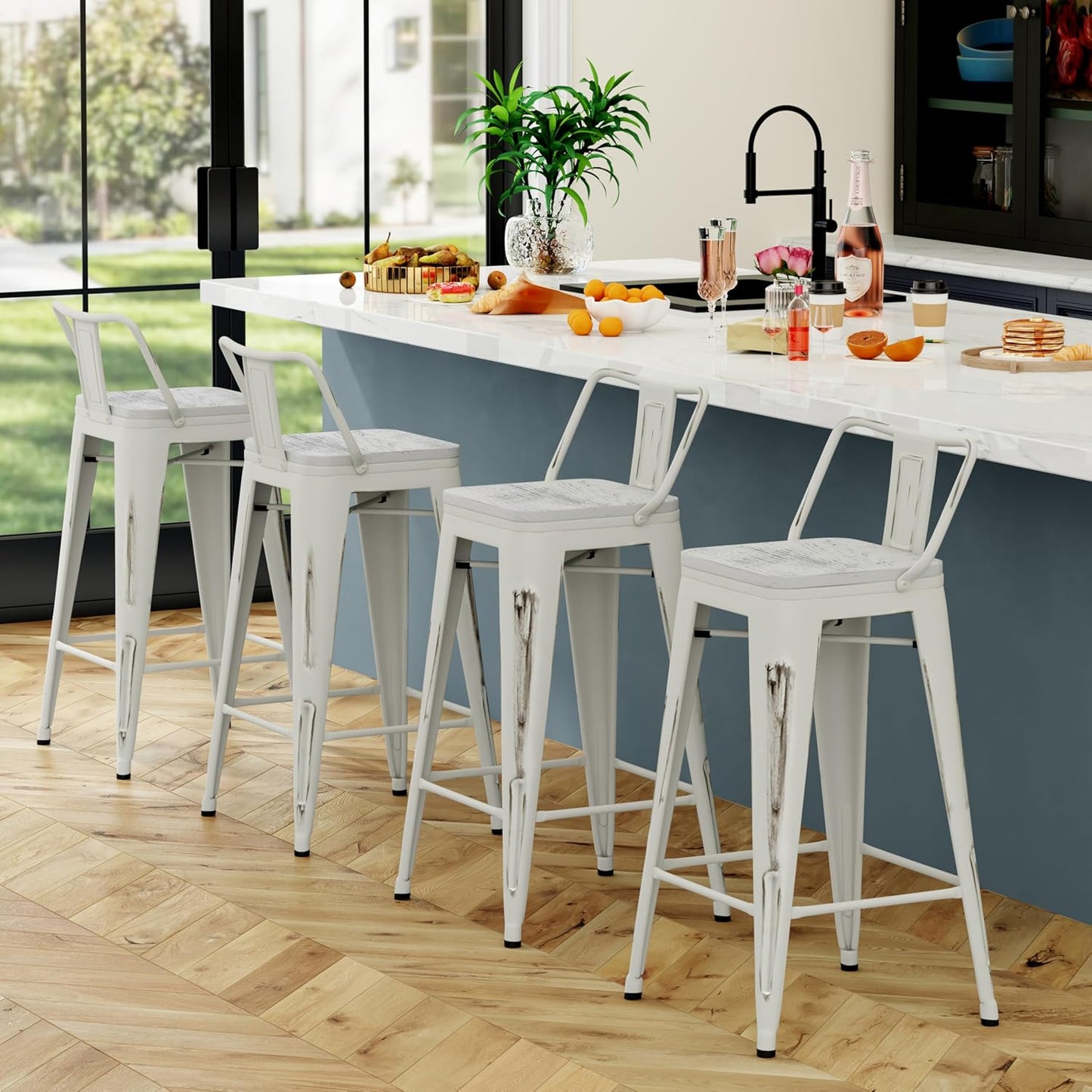 Yongchuang 30 inch Bar Stools Set of 4 Bar Height Metal Barstools with Wood Seat Distressed White Low Back Kitchen Bar Chairs