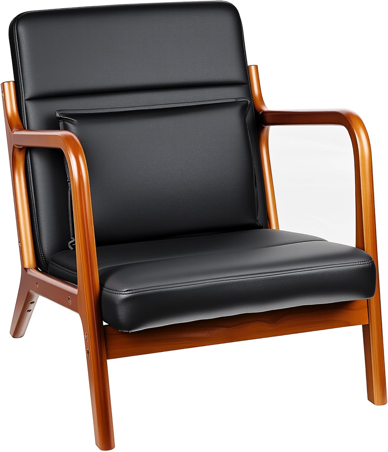 VECELO Mid-Century Modern Accent Chair with Faux Leather Cushion & Solid Wood Frame, Lounge Armchair for Living Room, Bedroom, Office, Black