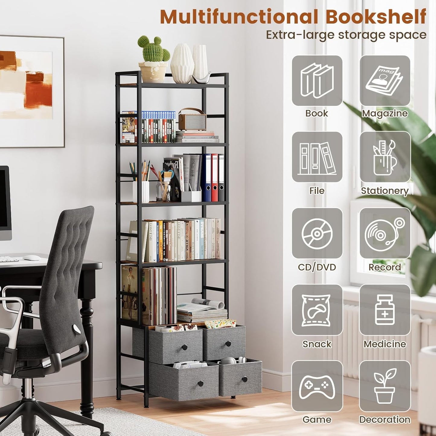 5 Tier Bookshelf, Modern Bookcase with Bookends and 4 Drawers Storage Organizer, Metal Industrial Display Shelf, Free Standing Storage Shelving Unit for Bedroom, Living Room and Home Office