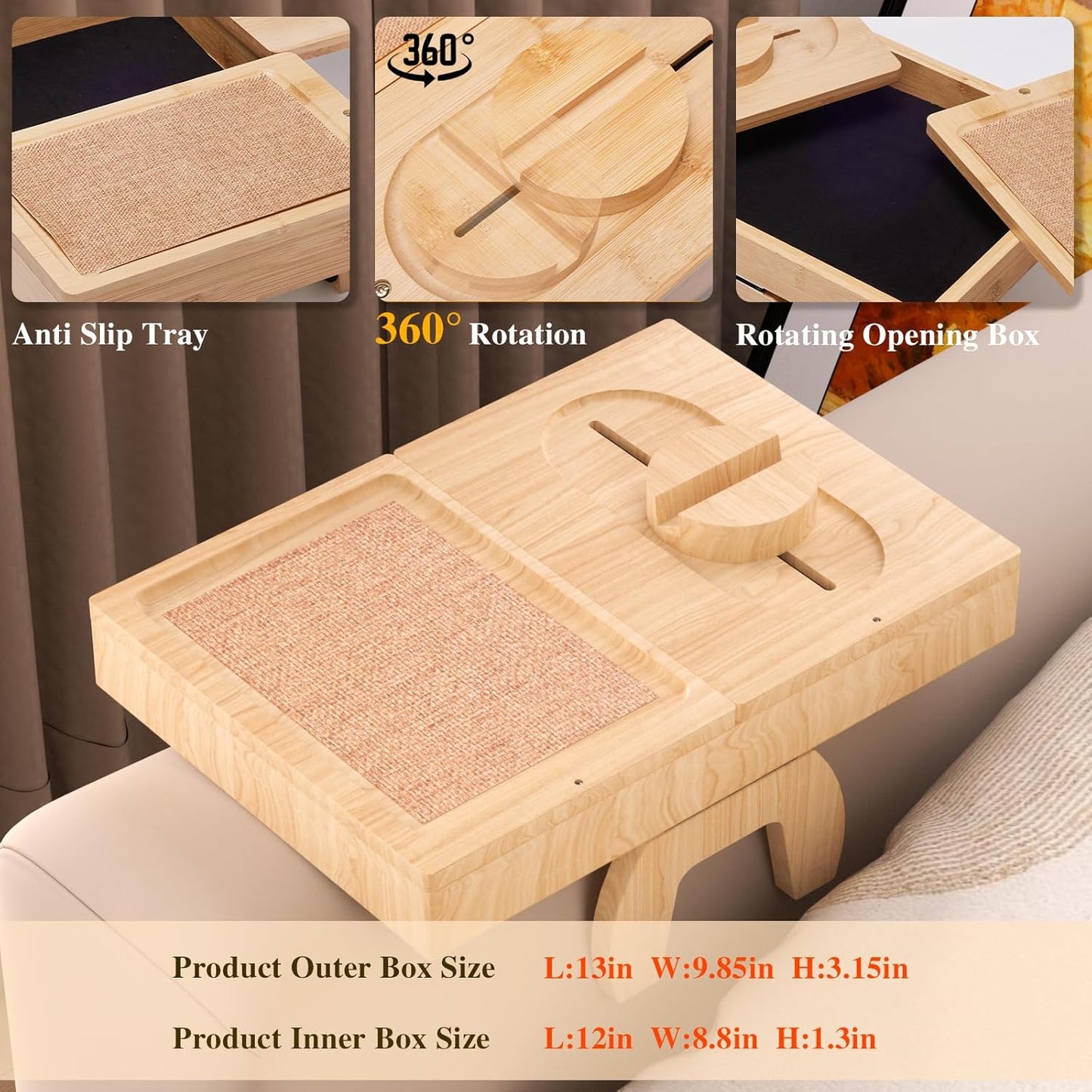 Bamboo Couch Arm Table with 2 Rotating Lids & Adjustable Phone Holder,Foldable Couch Arm Tray,Non-Slip Arm Rest Table Clip for Couch Pillow,Sofa Arm Tray for Snacks,Drinks or Dining